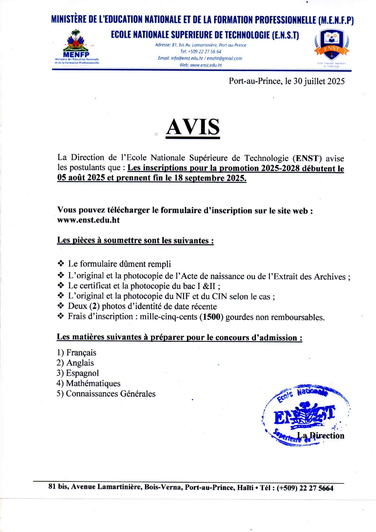 Inscriptions pour la promotion 2025-2028